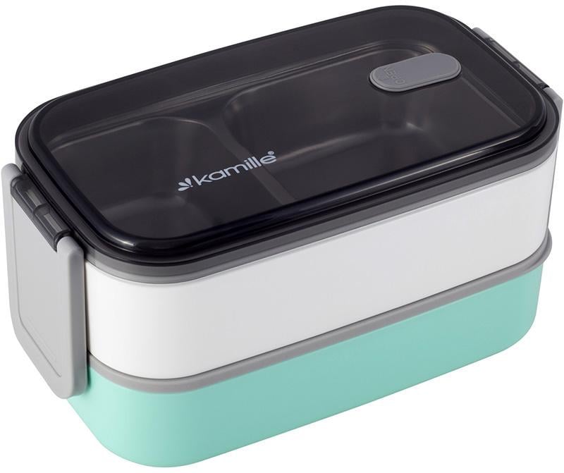 Ланч-бокс Kamille Snack двухуровневый с приборами 1400 мл Бирюзовый