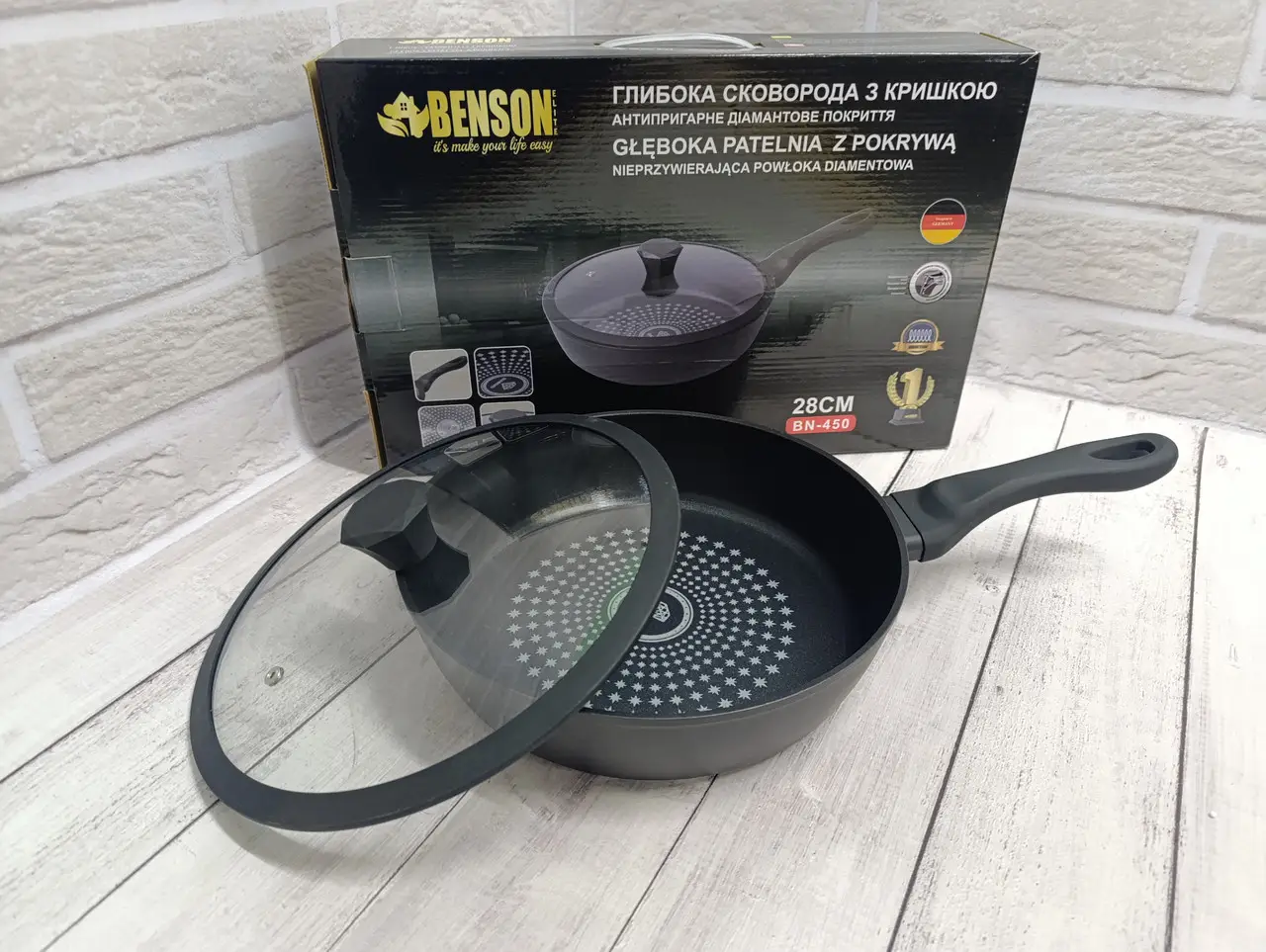 Сковорода із скляною кришкою Benson BN-450 Soft Touch 28 см 3,7 л литий алюміній/алмазне антипригарне покриття (ML-05263) - фото 4