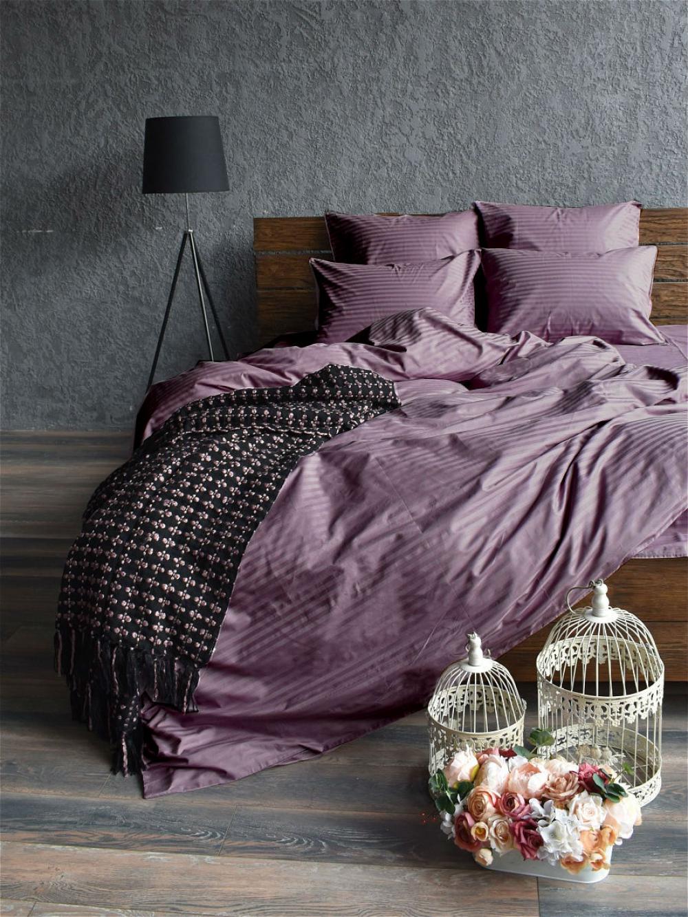 Комплект постільної білизни Stripe Сатин LUX двоспальний на резиинці 1/1 см Light plum