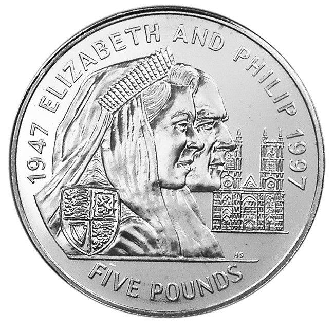 Коллекционная монета Джерси 5 фунтов 1997 Королева Елизавета II и Филипп UNC (KM#100)