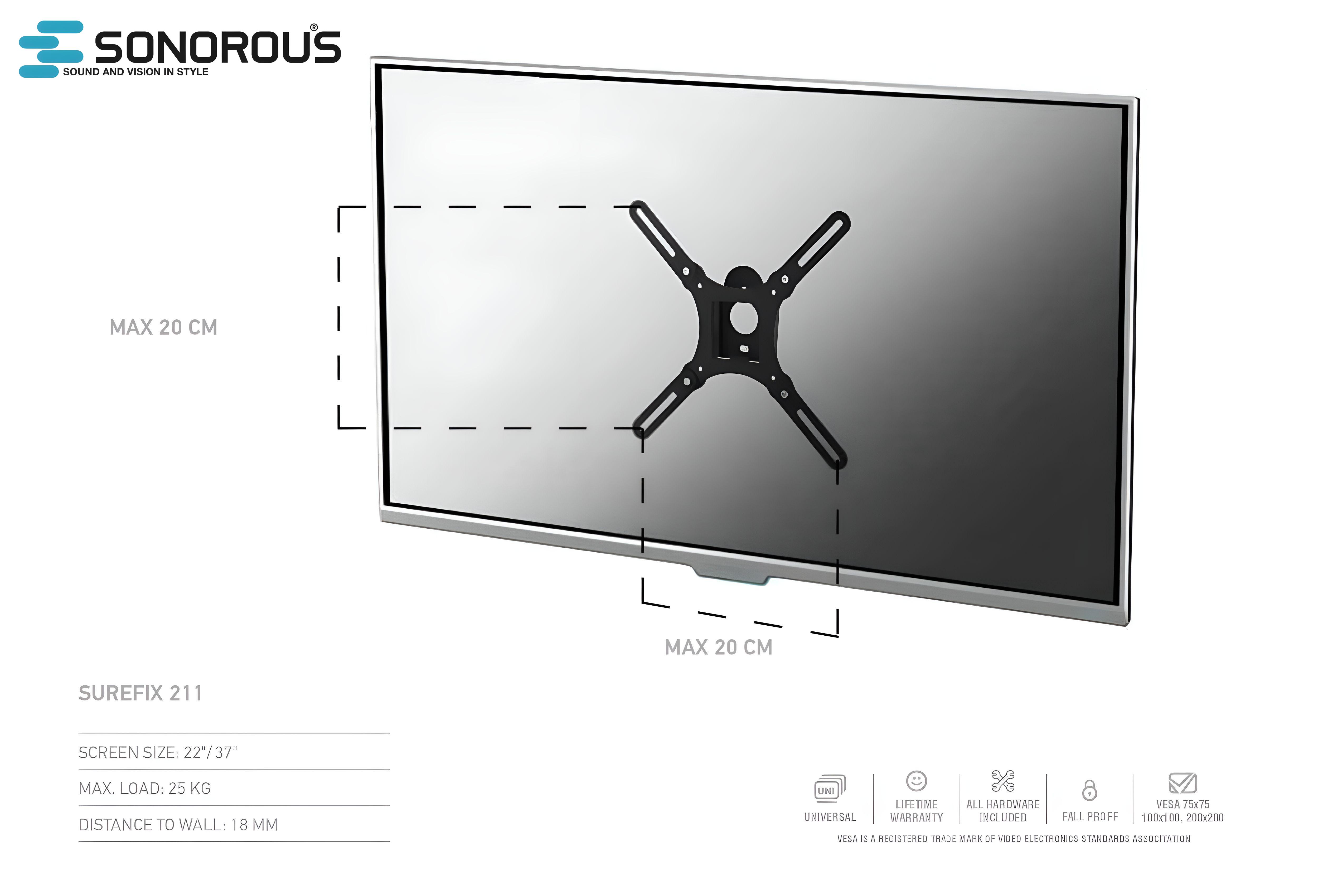 Кронштейн для телевизора Sonorous SUREFIX 211 Фиксированный 22"-37"/25 кг (0211) - фото 2 Кронштейн для телевизора Sonorous SUREFIX 211 Фиксированный 22"-37"/25 кг (0211) - фото 2