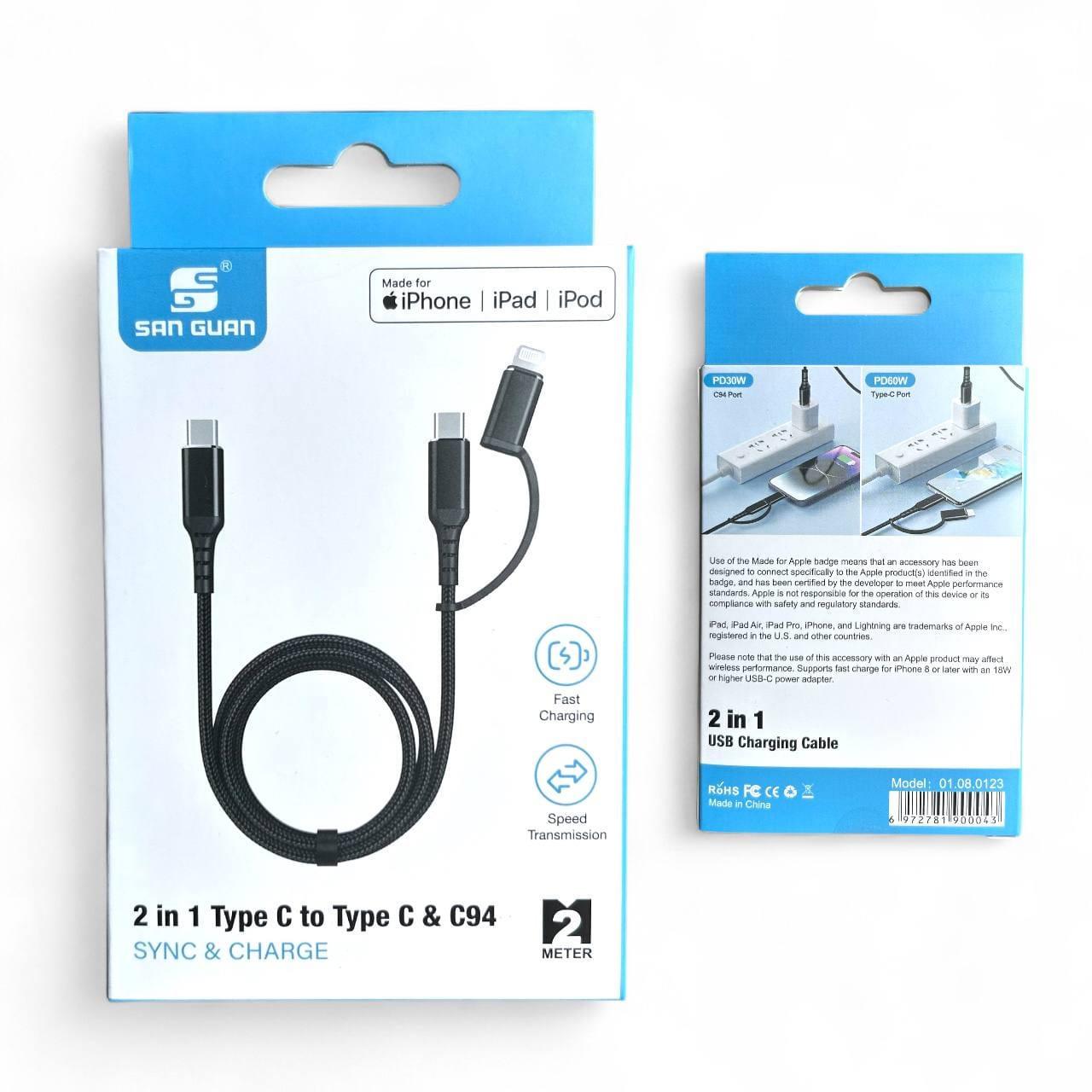 Кабель SanGuan USB-C to Type-C/Lightning 60 W 2в1 - фото 5 Кабель SanGuan USB-C to Type-C/Lightning 60 W 2в1 - фото 5