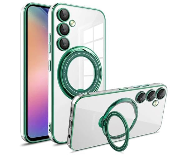 Силиконовый чехол накладка Clear Case для Samsung Galaxy S24 с металлическим кольцом держателем и защитой для камеры Зелёный