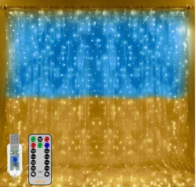 Патриотическая гирлянда штора Флаг Украины 2х2 м 160 LED классическая IP44 с 8 режимами пультом ДУ и соединением с другими гирляндами (opt-102713)