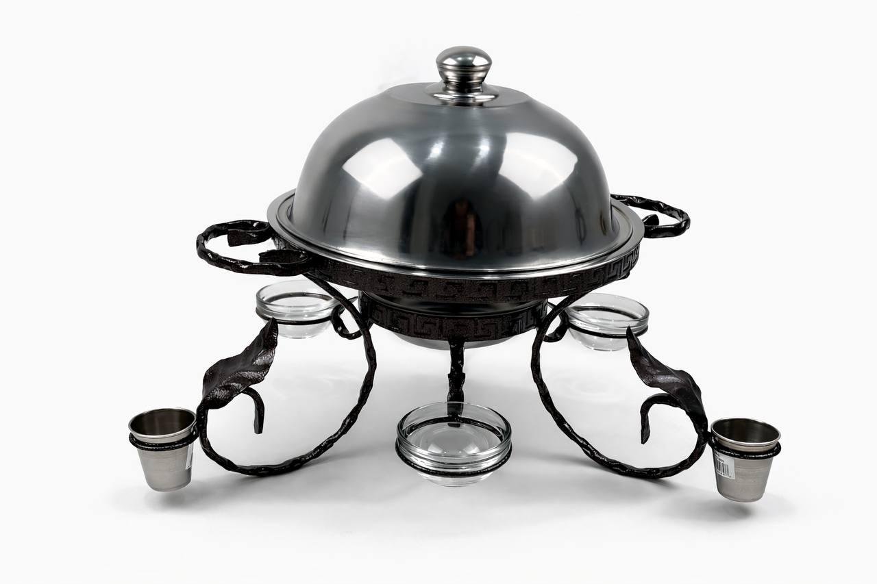 Садж для подачи шашлыка с соусницами и рюмками усиленный с крышкой из нержавеющей стали 28 см (6-10-SJ-6591)