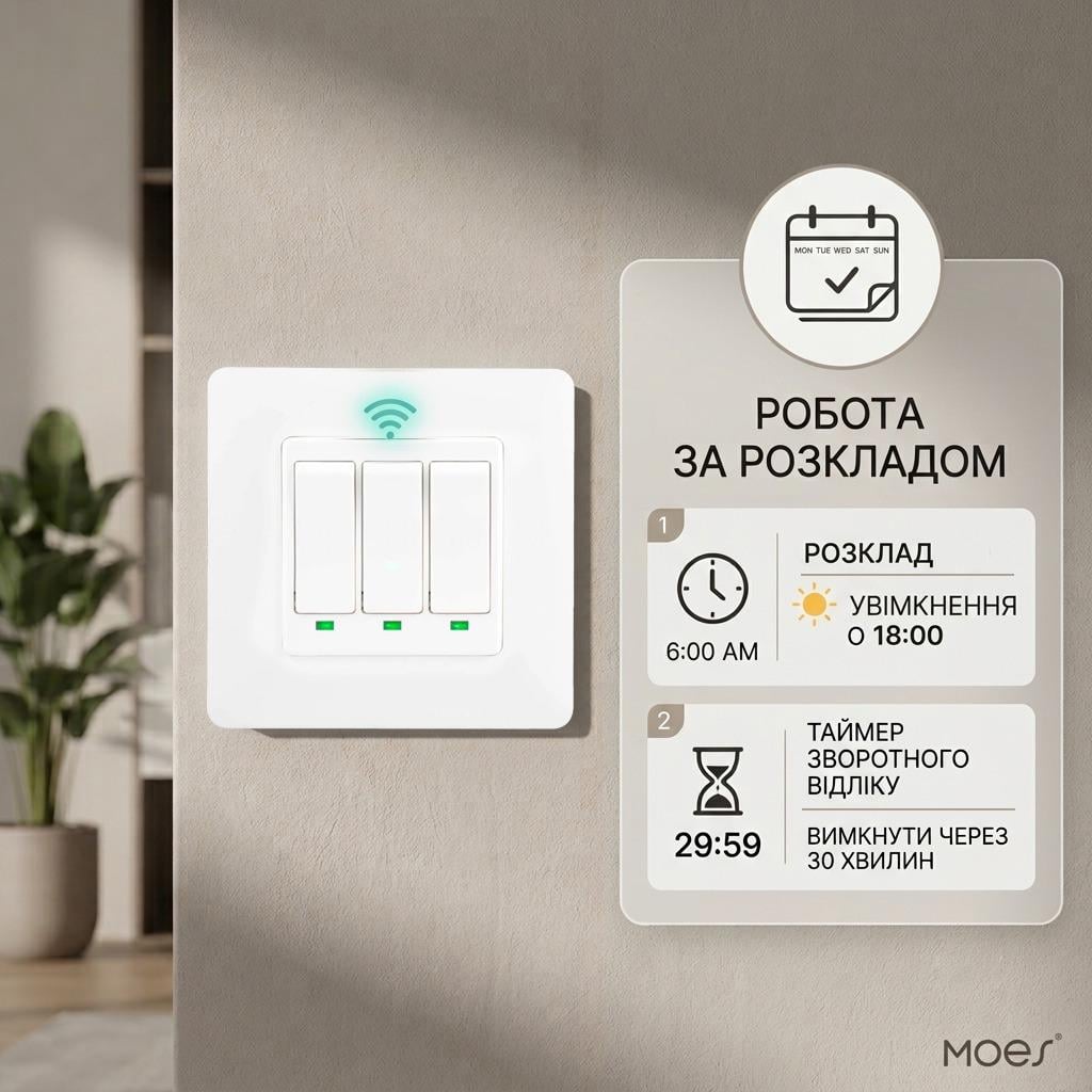 Выключатель Wi-fi Moes Smart Wall module switch 3 клавиши - фото 3 Выключатель Wi-fi Moes Smart Wall module switch 3 клавиши - фото 3