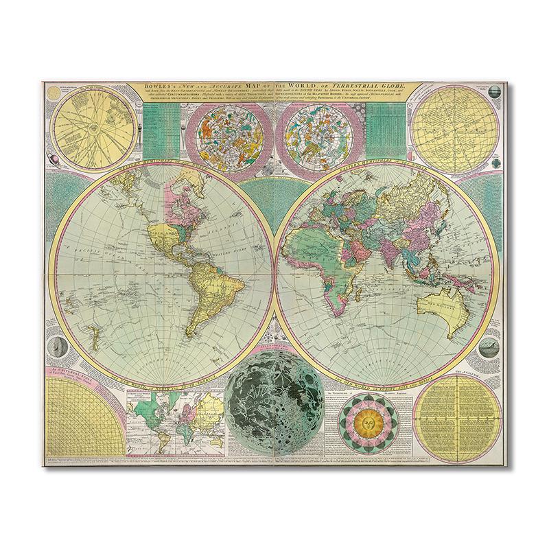 Винтажная карта Новая точная карта мира Боулза или земного шара 1 модуль 70x105 см