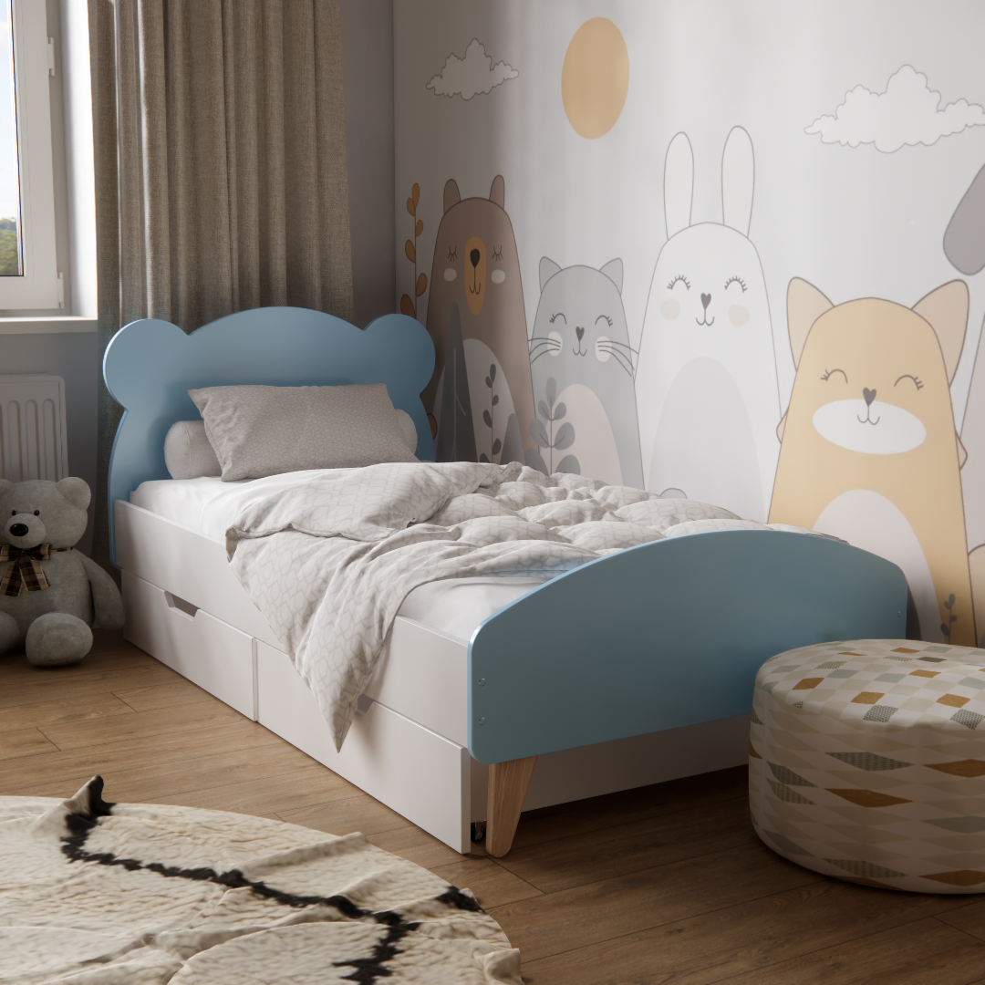 Кроватка детская Мишка с ящиками для детей 3-10 лет для мальчиков 160х80 см Голубой - фото 1 Кроватка детская Мишка с ящиками для детей 3-10 лет для мальчиков 160х80 см Голубой - фото 1