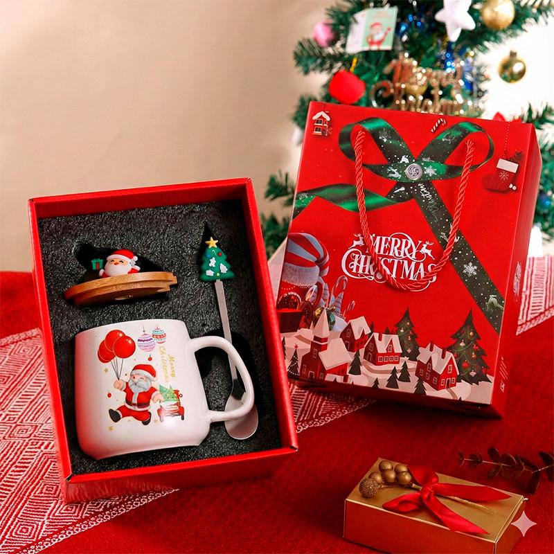 Чашка новогодняя Lesko Merry Christmas Санта JJX003 с ложкой в подарочной упаковке Белый (31160286)