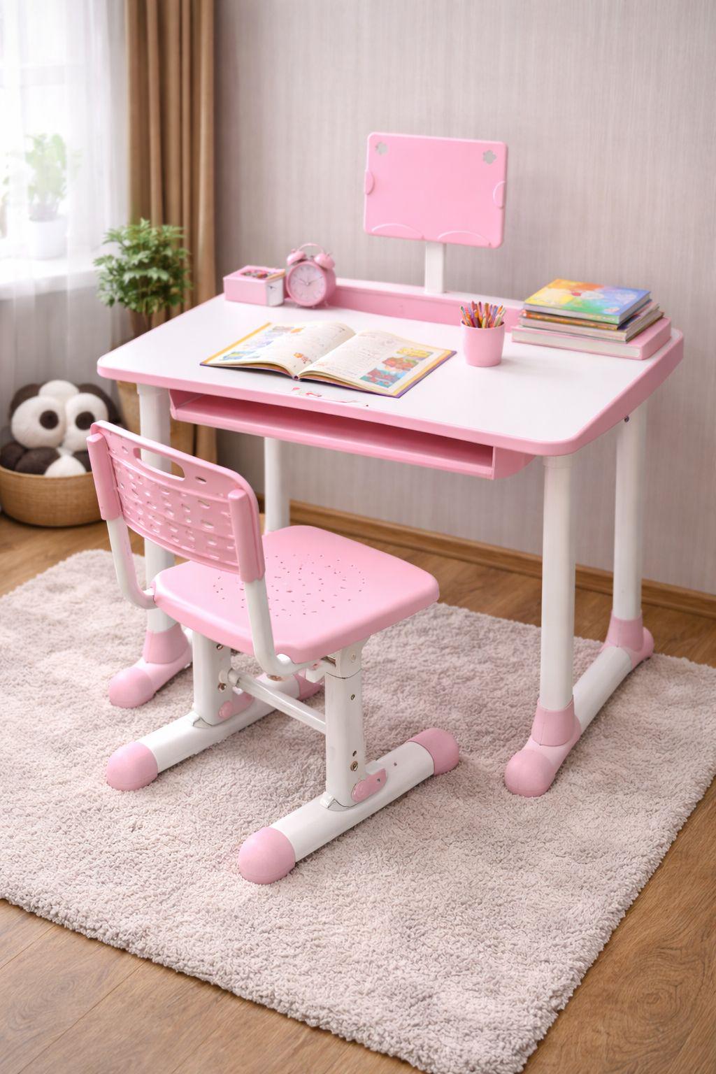 Парта со стулом регулируемая с лампой выдвижным ящиком и подставкой для книг Розовый (opt-106691)