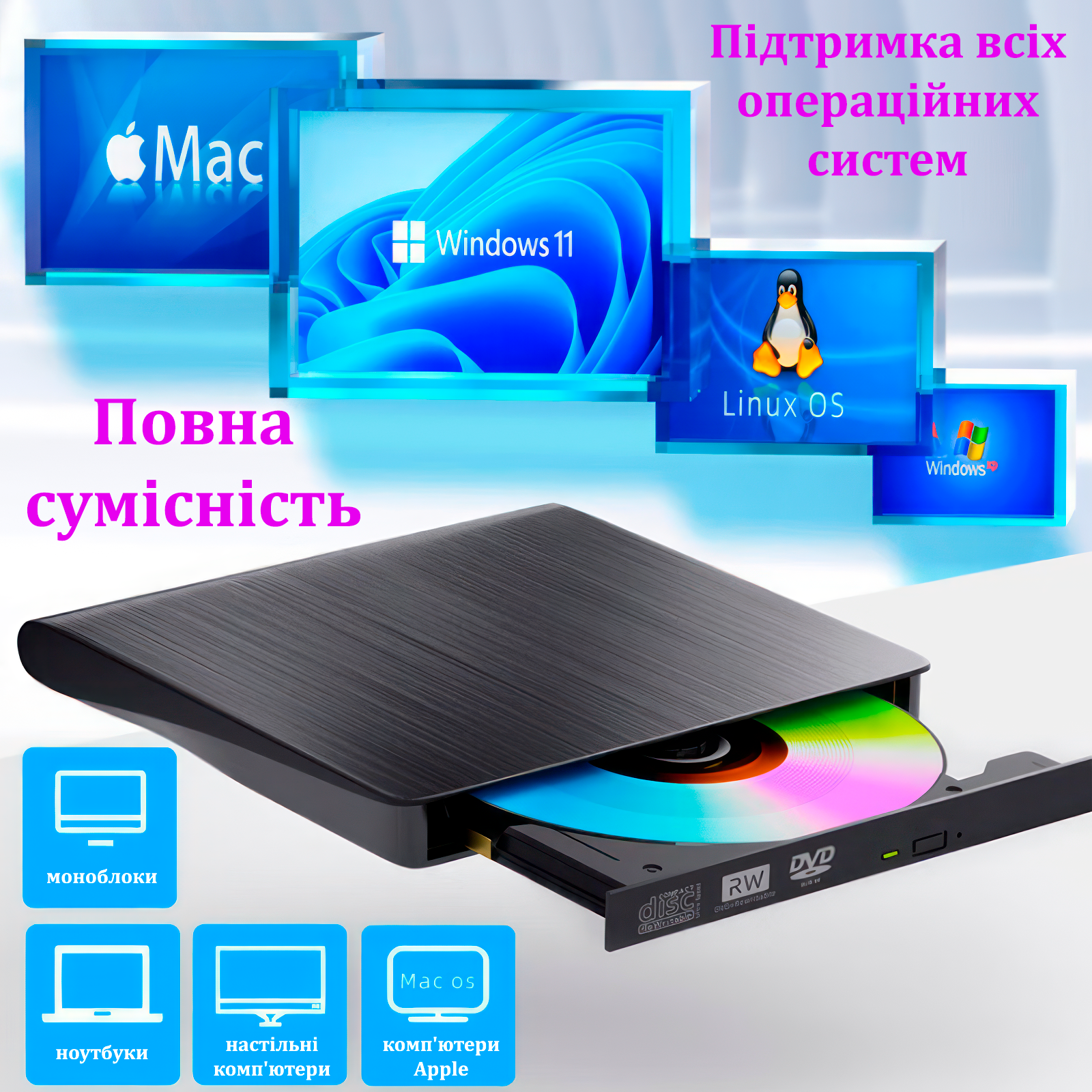 Дисковод зовнішній оптичний USB 3.0 to Type-C з підтримкою CD-RW/DVD-RW/VCD (2142) - фото 2