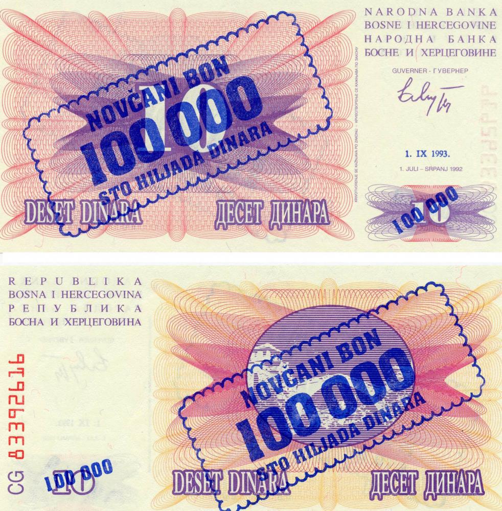 Коллекционная банкнота Босния и Герцеговина 100000 динаров 1993 UNC P34 (Б03807)