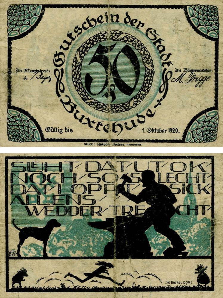 Коллекционная банкнота Германия Нотгельд 50 пфеннигов 1920 F-VF Букстехуде (Б18727)