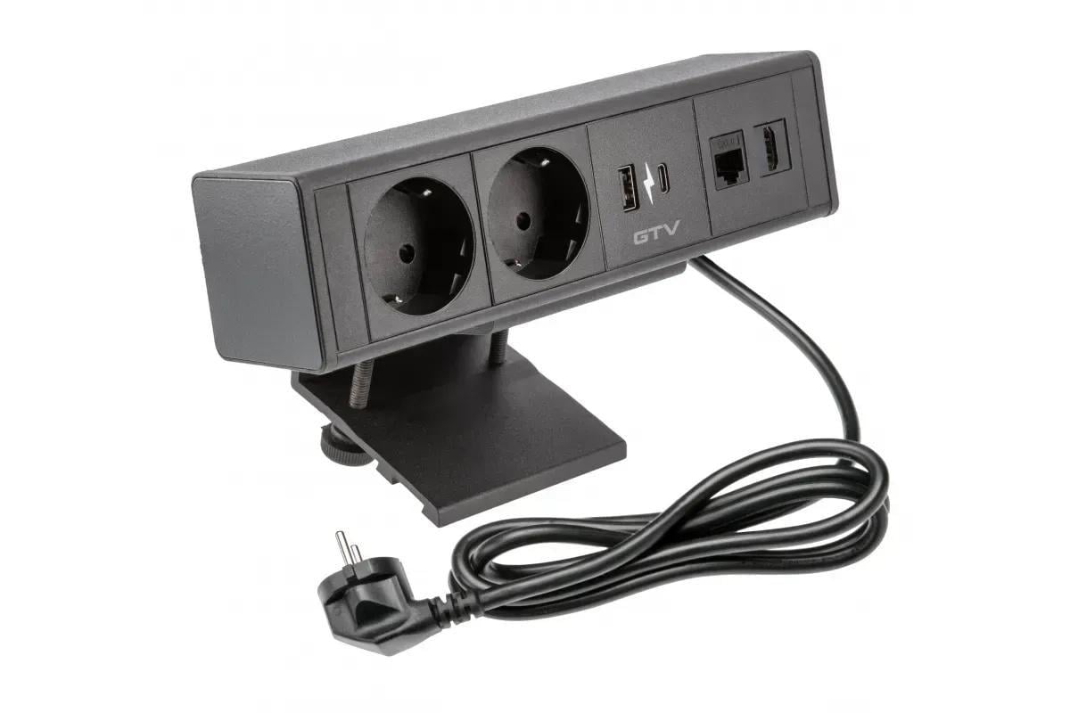 Подовжувач прямокутний GTV BAR 2xSchuko USB TYPE-C LAN HDMI кабель з вилкою 1,5 м Чорний (27849277)