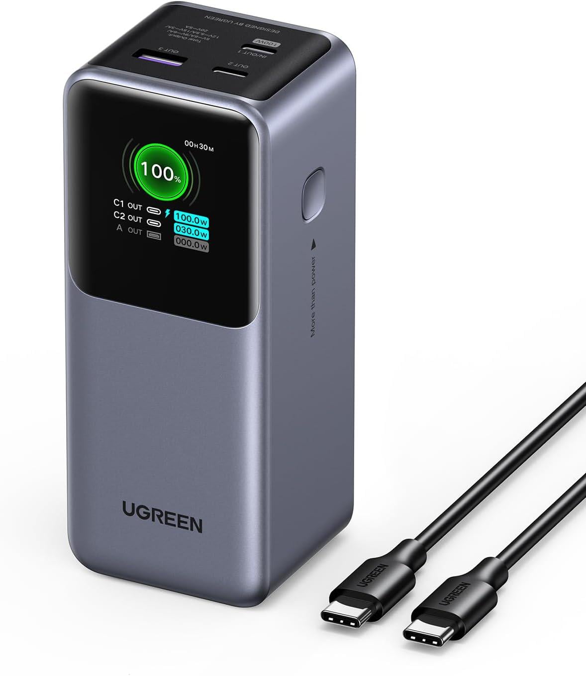 Зовнішній акумулятор UGREEN PB726 Nexode 165W 20000 mAh із вбудованим кабелем USB-C Grey (95670)