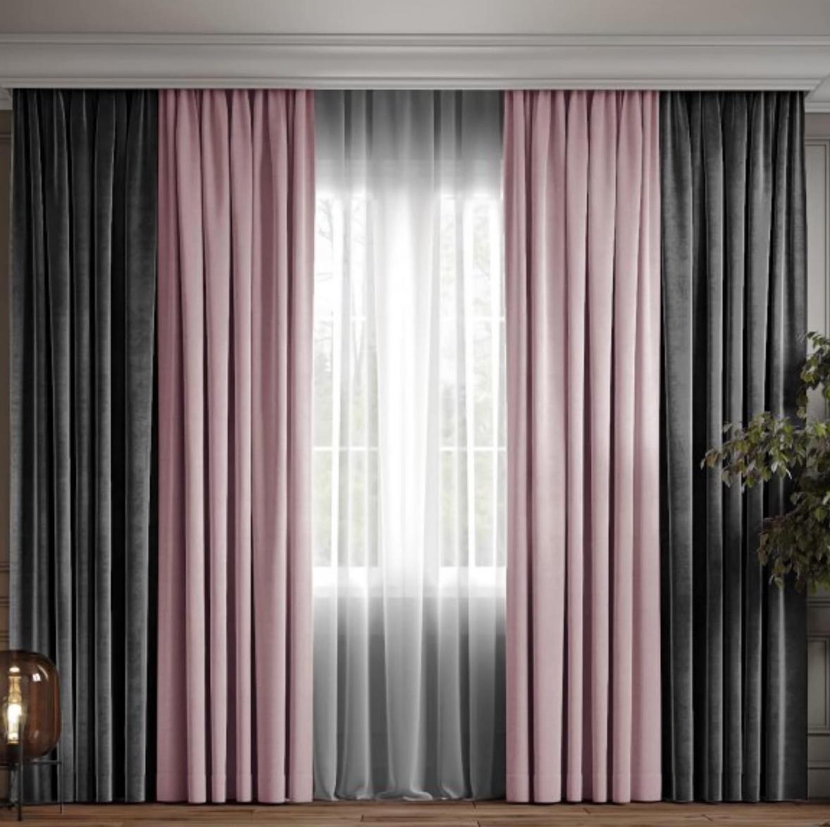 Комплект штор для гостиной двухцветный микровелюр 300x260 2 шт. Серо-розовый Комплект штор для гостиной двухцветный микровелюр 300x260 2 шт. Серо-розовый
