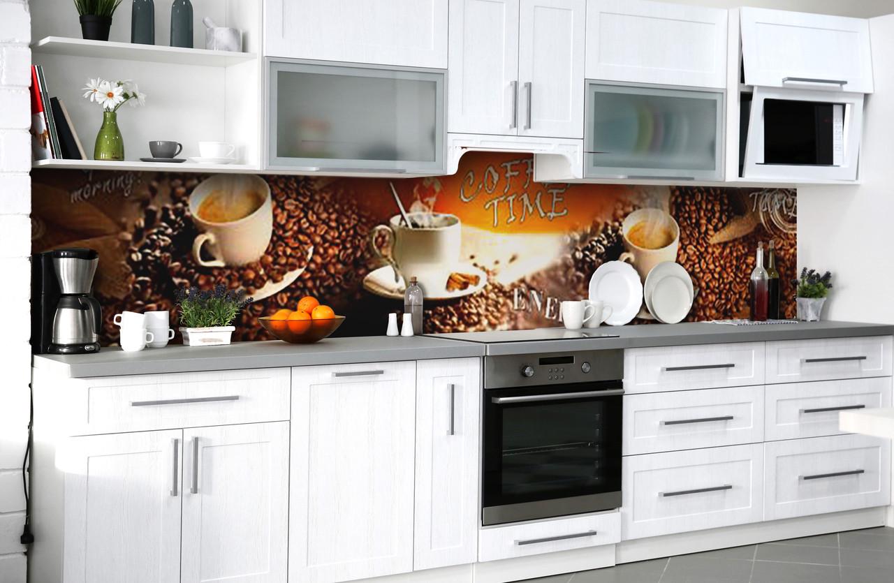 Кухонный фартук Время кофе/Зерна/Чашки из самоклеющейся виниловой пленки 65х250 см Коричневый