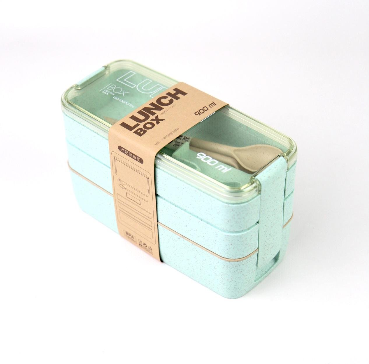 Ланч-бокс тройной с вилкой и ложкой Зеленый 900 мл (00000010050)