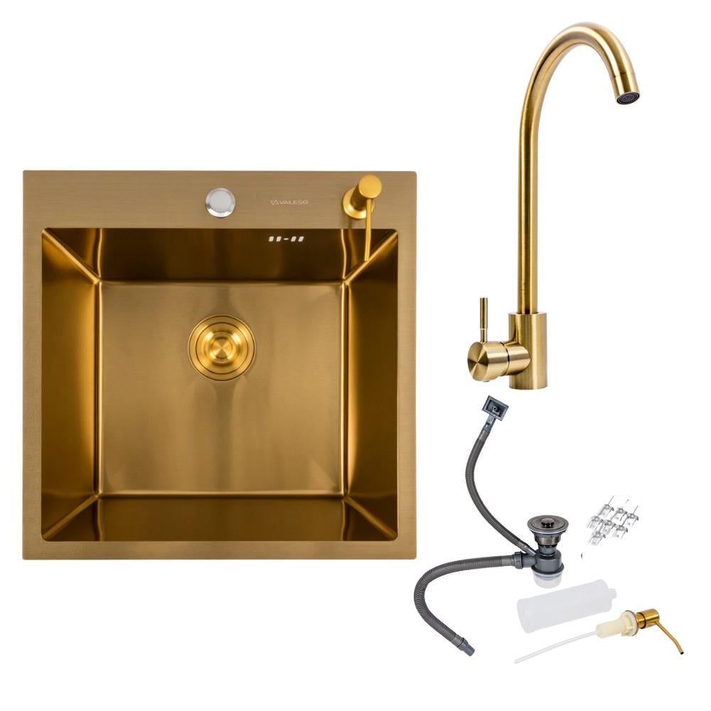Комплект кухонний Мийка Valeso Handmade 50x50 PVD зі змішувачем JW449 PVD і дозатором Золотий (JW449PVD+5050)