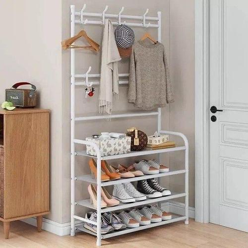 Вішалка для одягу в передпокій з полицями для взуття Simple floor clothes rack 150 см Білий (CK2) - фото 2