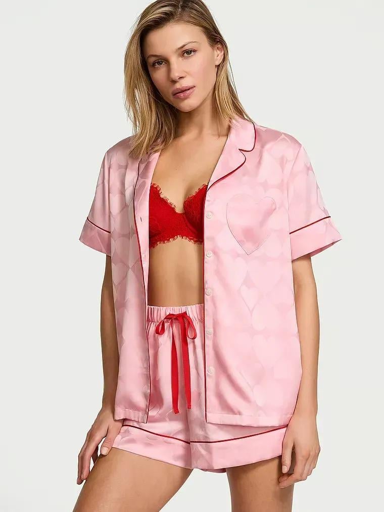 Піжама сорочка/шорти сатинова Victoria's Secret Glazed Satin Heart Short Pajama Set XL Рожевий (2681268D)