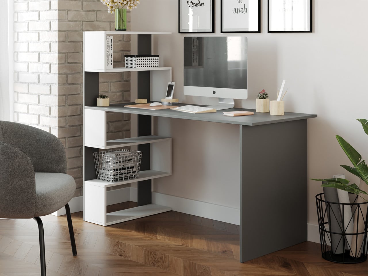 Компьютерный стол Moreli Roland 1416x1226x600 мм Антрацит/Белый (61ea887affd729102b419560)
