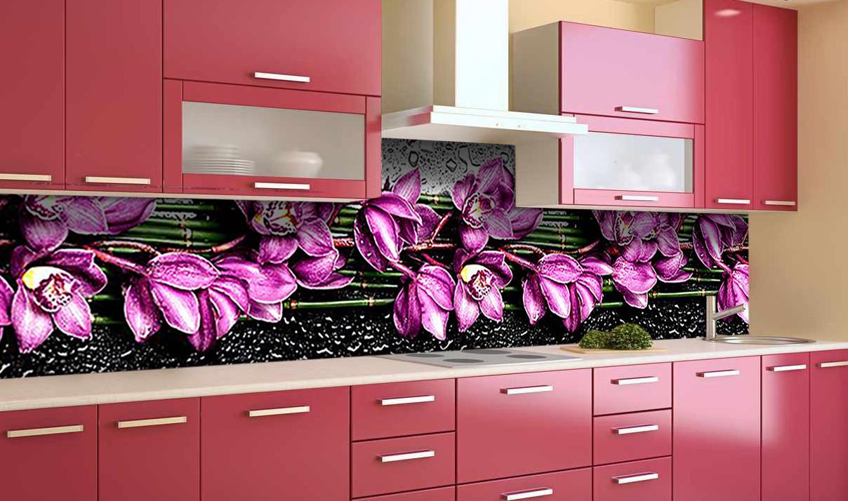 Кухонный фартук Фиолетовые орхидеи капли росы с самоклеющейся виниловой пленки 65х250 см Фиолетовый Кухонный фартук Фиолетовые орхидеи капли росы с самоклеющейся виниловой пленки 65х250 см Фиолетовый