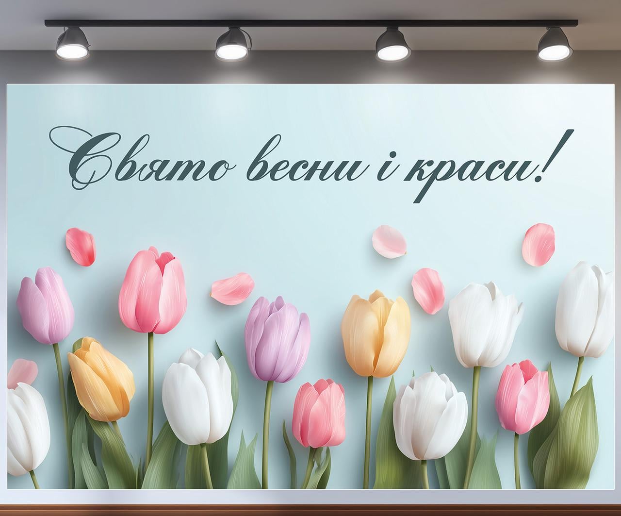 Фотозона "Свято весни і краси" с нежными тюльпанами на светло-голубом фоне 240x160 см №47311