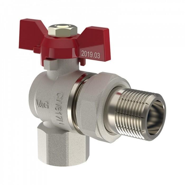 Кран кульовий з американкою V&G VALOGIN кутовий Optima 1/2" ВЗ метелик Червоний