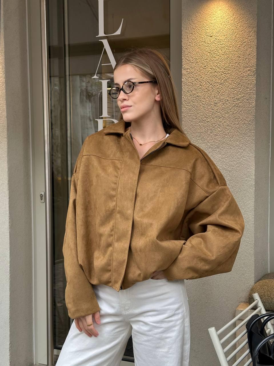 Бомбер жіночий замшевий з довгими рукавами на блискавці S-L Бежевий (od-10801-1)