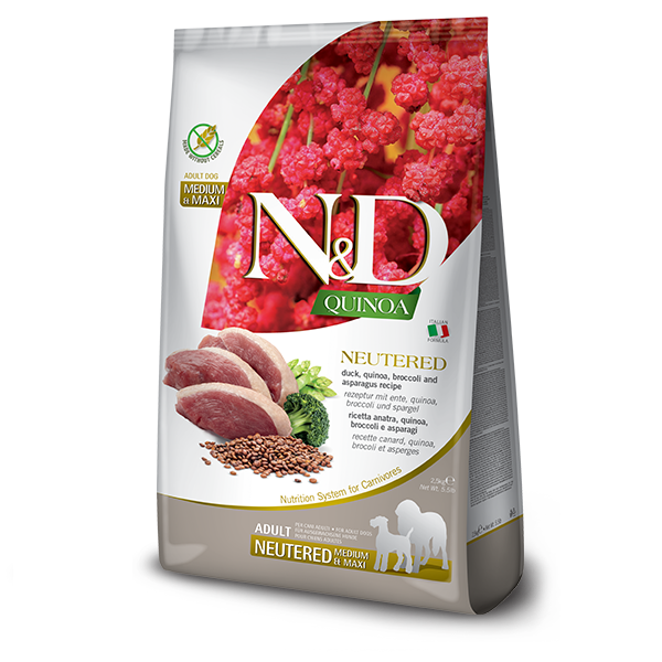Корм беззерновой Farmina N&D QUINOA NEUTERED для стерилизованных собак средних и крупных утка/киноа/брокколи и спаржа 2,5 кг (0169)