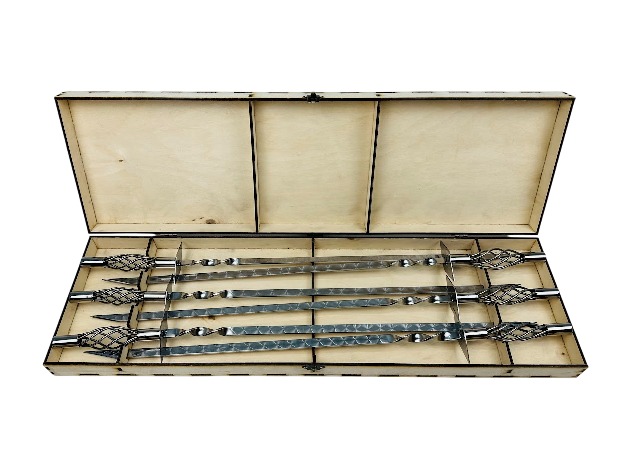 Набор шампуров ручной работы Эксклюзив для пикника на 6 предметов из нержавеющей стали в кейсе из фанеры Вуд Коричневый (124-10-NB-3009)