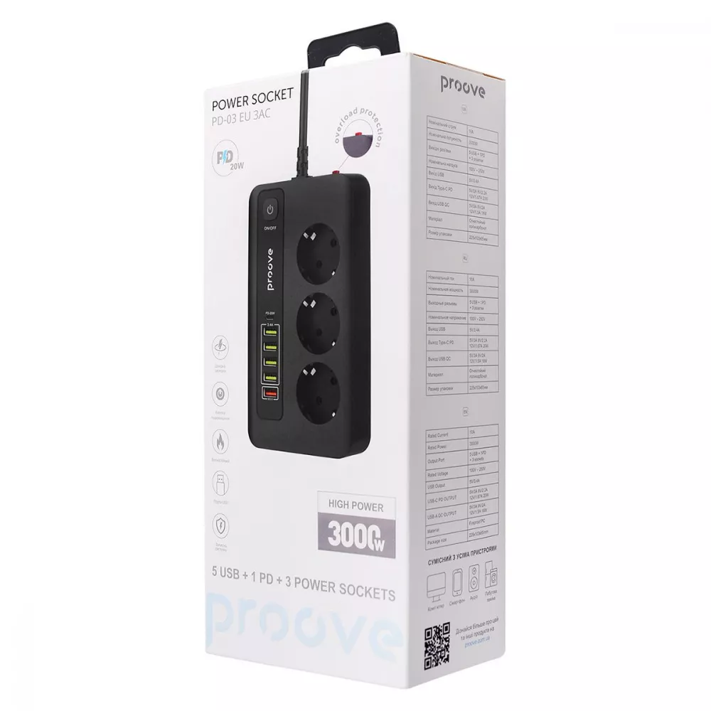 Сетевой фильтр Proove Power Socket PD-03 на 3 розетки/5 USB/1 Type-C 20W 2 м Black (PSP320510001) - фото 5