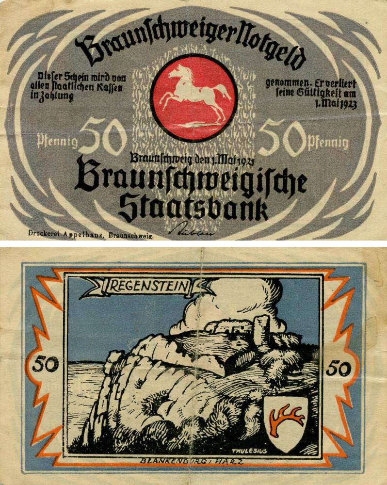 Коллекционная банкнота Германия Нотгельд 50 пфеннигов 1923 F-VF Брауншвейг Разновидность 2 (Б18750)