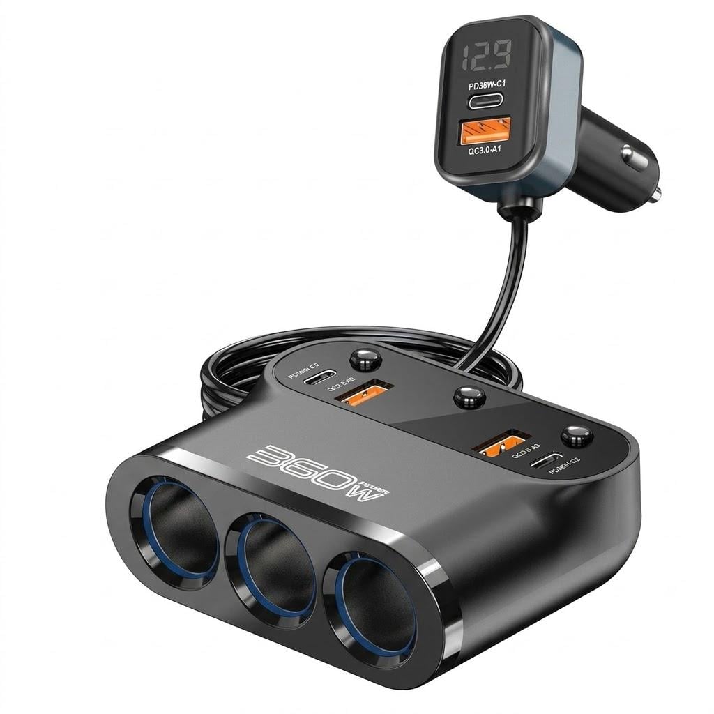 Розгалужувач прикурювача 360W Multi-port Car Adapter з вольтметром та PD/QC 3.0 (34071036)