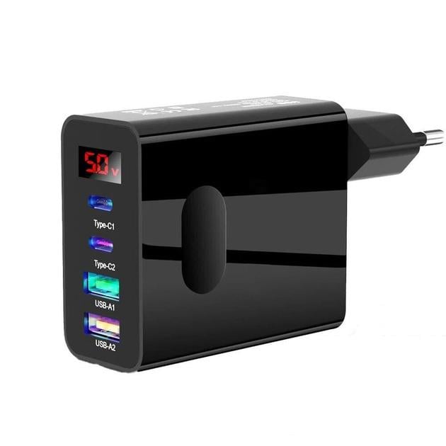 Пристрій мережевий зарядний на 4 порти 45 W/2-USB/2-PD з екраном Black