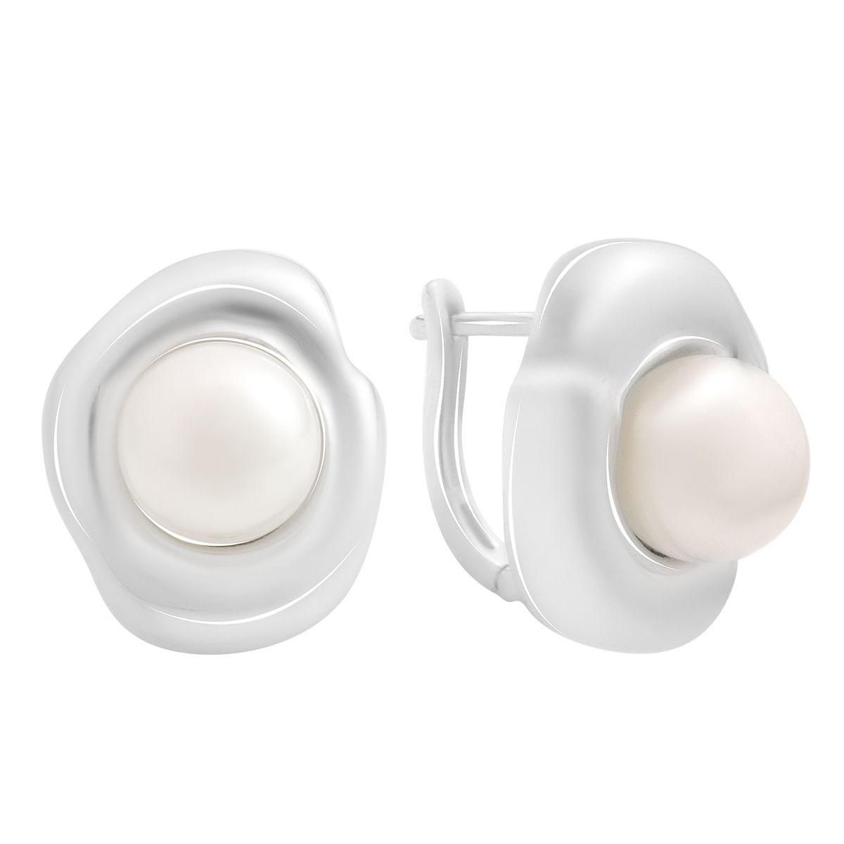 Сережки срібні з натуральними перлами кругла форма вставки в хвилястій оправі