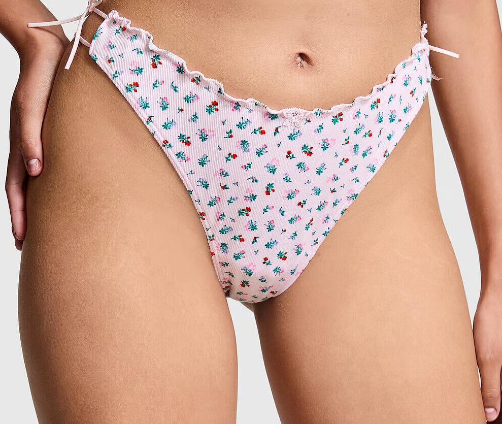 Трусики Victoria’s Secret Pink Side Tie Ruffled Cotton Thong Panty S Розовый (26860539)