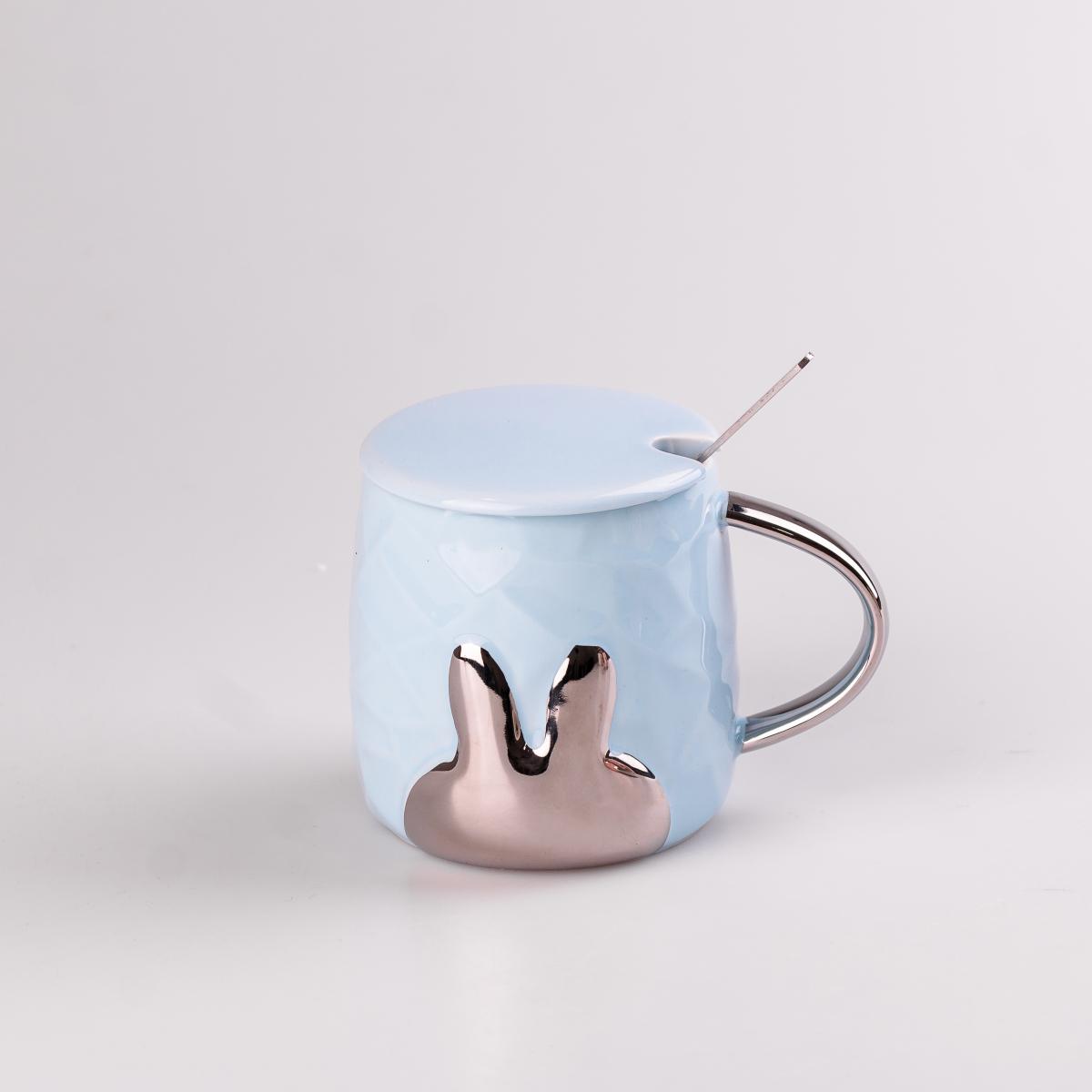 Кружка керамическая Rabbit с крышкой и ложкой 300 мл Голубой (HPCYM0877BL)
