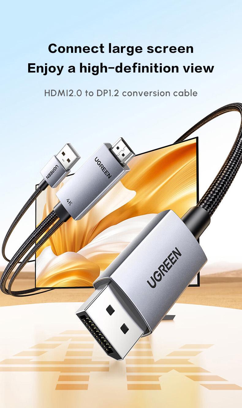 Кабель UGREEN HDMI для DisplayPort 4K 60Hz/1080P 240Hz однонаправленный HDMI>DP С питанием USB HDR FreeSync G-Sync 1,5 м Черный (25153) - фото 2