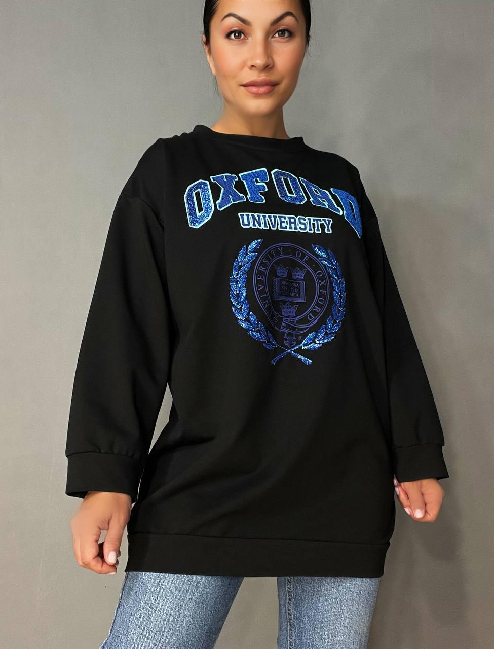 Світшот жіночий LSK 6011 подовжений туніка вишивка попереду OXFORD паєтки OS Чорний (1870)