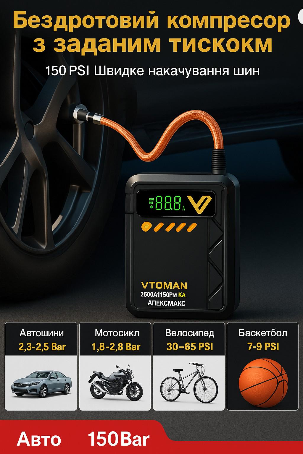 Пусковое устройство VTOMAN X4 2500A с компрессором 150 PSI Jump Starter 12В для авто до 8,5 л дизель до 6 л - фото 3 Пусковое устройство VTOMAN X4 2500A с компрессором 150 PSI Jump Starter 12В для авто до 8,5 л дизель до 6 л - фото 3