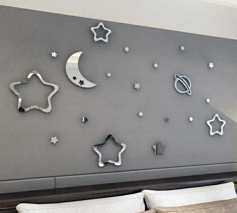 Наклейки дзеркальні пластикові зірки 40 шт./місяць 2 шт./сатурн (Б336)