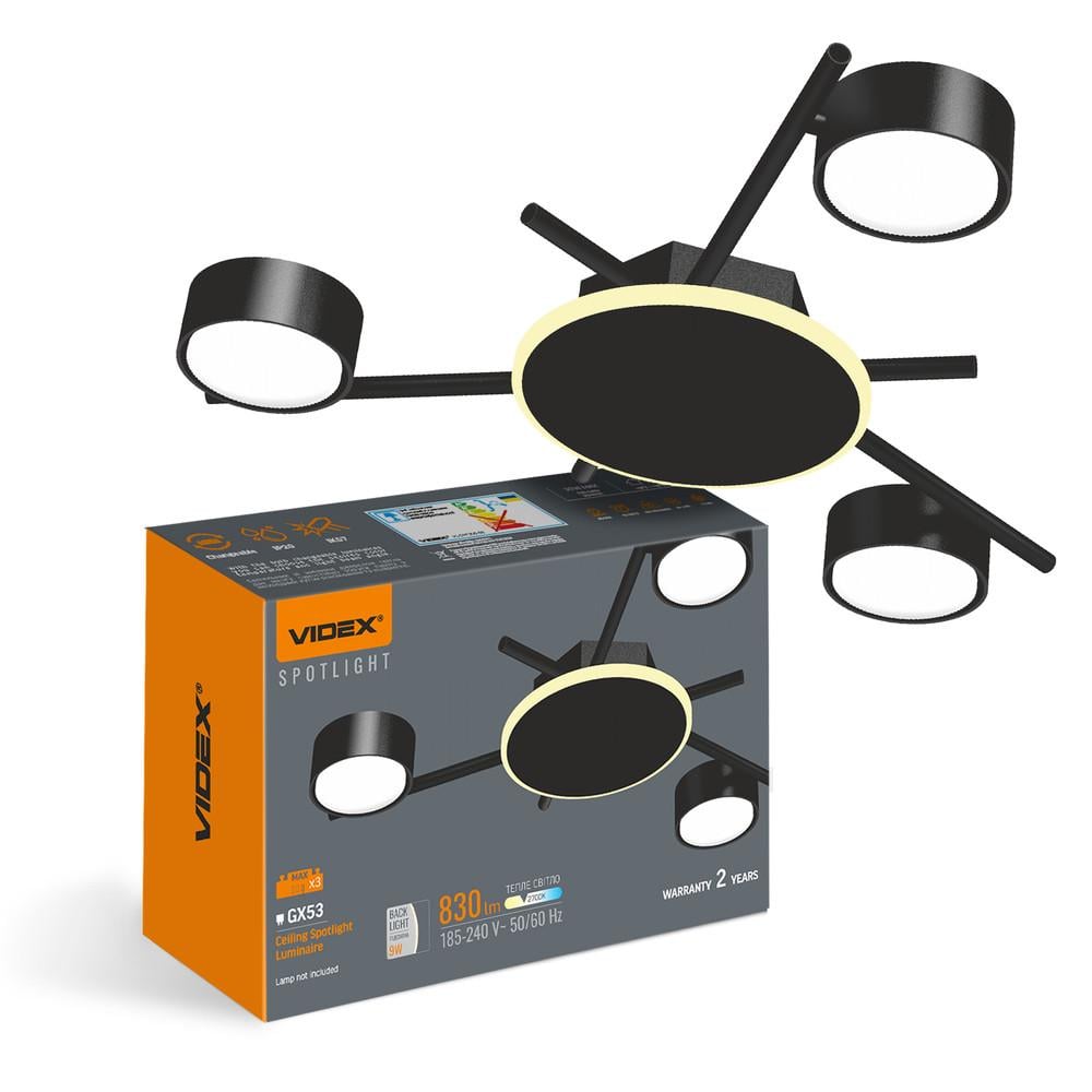 Светильник Videx под лампу 3xGX53 накладной с подсветкой Черный (VL-SPF20B-BB)