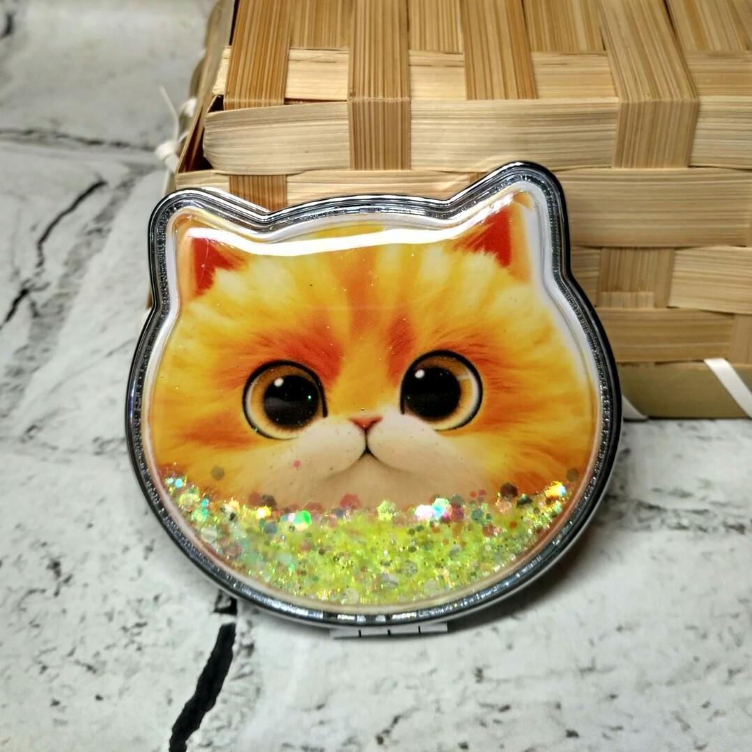 Зеркало карманное косметическое Котик жидкие блестки 7,5х7 см Оранжевый (А981)