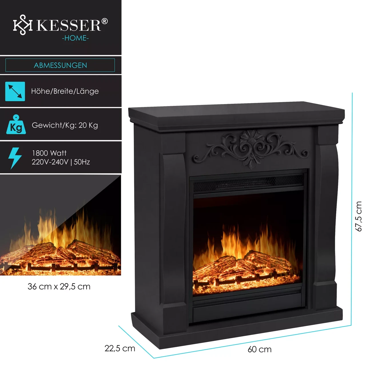 Електрокамін KESSER Німеччина 67,5x60x22,5 см Чорний (24386792) - фото 6