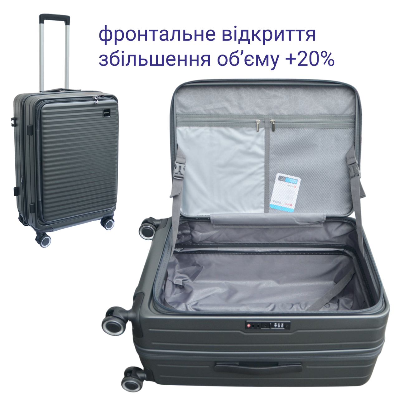 Валіза середня Derby 092401/24 з фронтальним відкриттям 4 колеса замок TSA Grey (2447983471) - фото 2 Валіза середня Derby 092401/24 з фронтальним відкриттям 4 колеса замок TSA Grey (2447983471) - фото 2