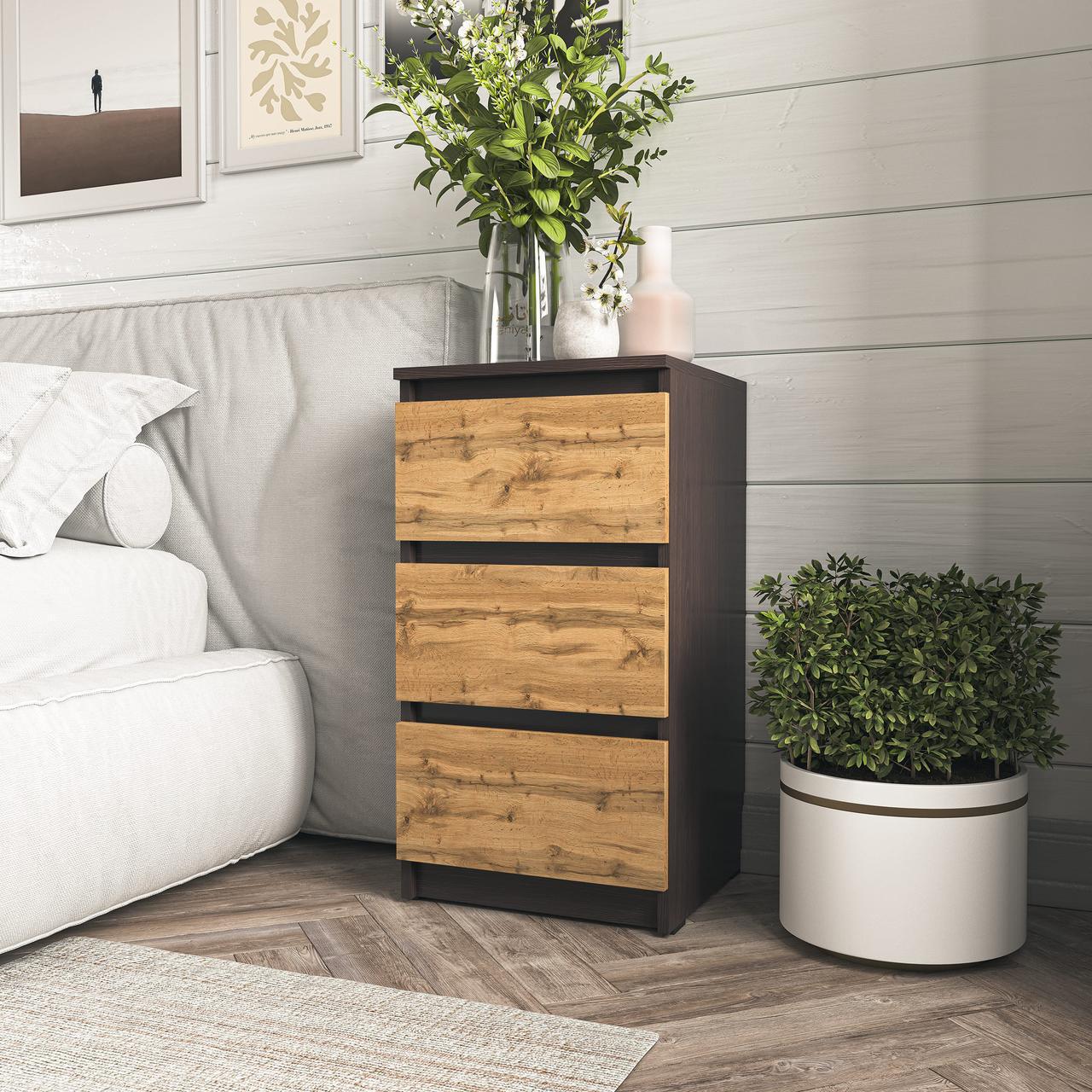 Тумба прикроватная с тремя ящиками и скрытыми ручками Венге темный/Дуб Аппалачи (T-216)
