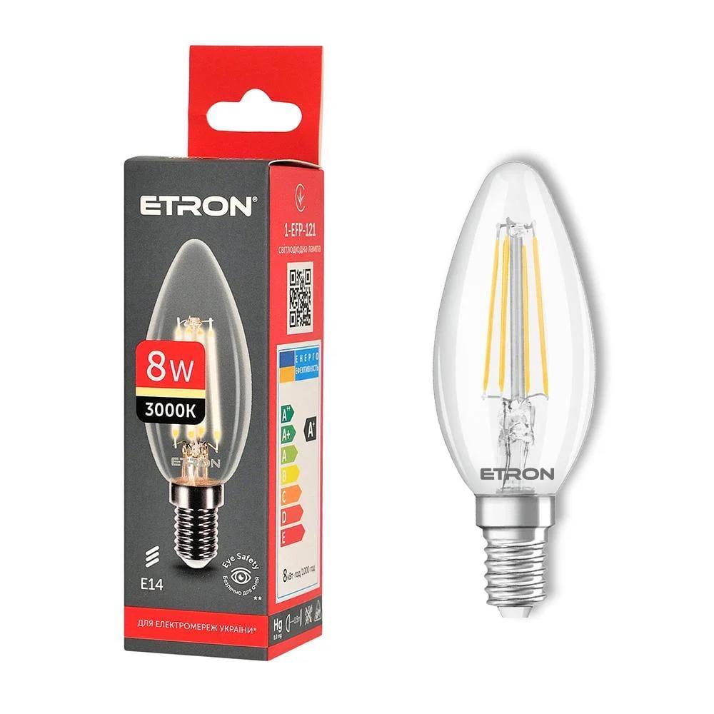 LED-лампа філаментна ETRON прозора C37 E14 8W 3000K Теплий білий (1-EFP-121)