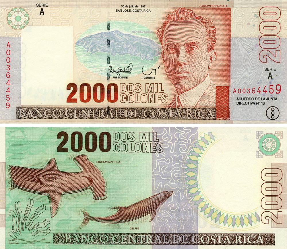Коллекционная банкнота Коста-Рика 2000 колонн 1997 UNC Тупорила акула Дельфин (P265a)